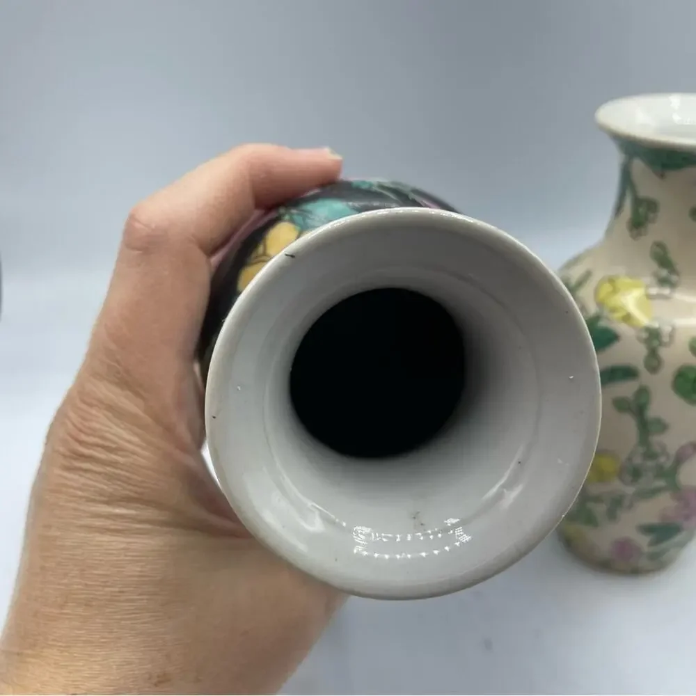 Vintage Mini Vase Set Black & White Floral Made in China